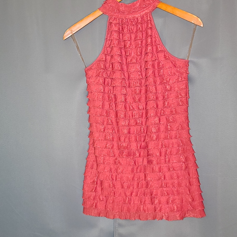 Studio Y mock Halter Ruffled Top Keyhole back Cranberry Small NWOT